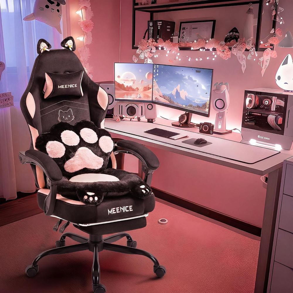 Pc Gaming Chair - Roze gamingstoel, schattig met kattenoren, pootjes,